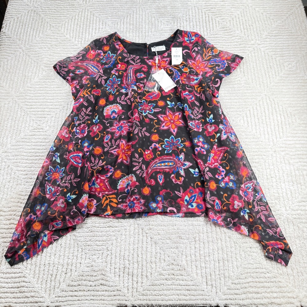 Estelle Clements Top Women's 14W Black Paisley Floral Handkerchief Hem NWT Boho